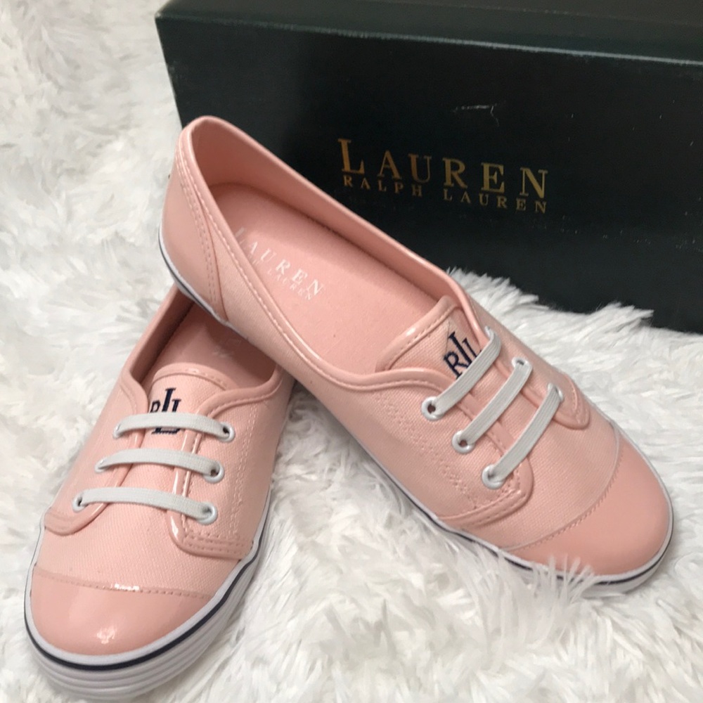 Ralph Lauren Estella pink sand canvas/patent 7.5